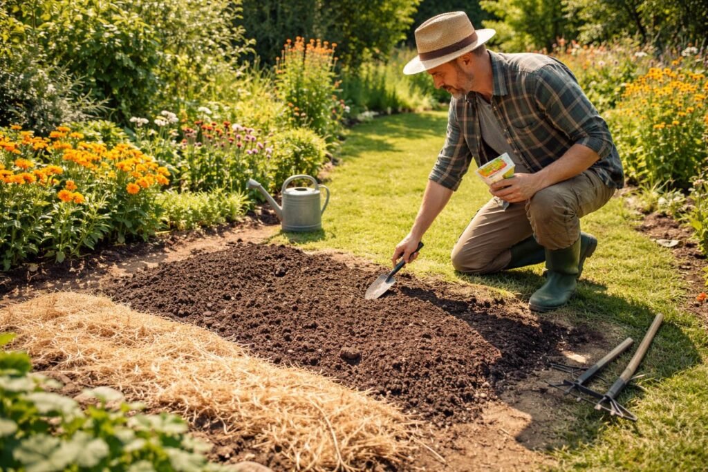 Körömvirág magvetése előtti talajfelület felmérése és megfelelő hely kiválasztása a napsütésben.