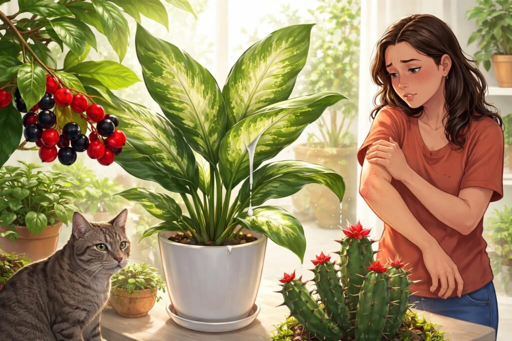 Képeken mérgező dísznövények részei és a tünetek felismerése látható grafikai ábrázolással.