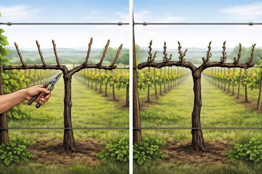 Kezdő és haladó gazdálkodók metszést tanulmányoznak a szőlőskertben gyakorlati ötletekkel.