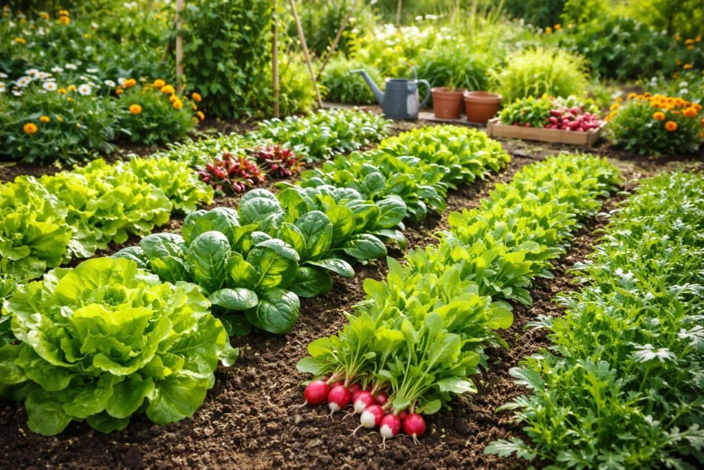 Friss gyorsan növő zöldségek a konyhakertben, zöld levelek és termés látható.