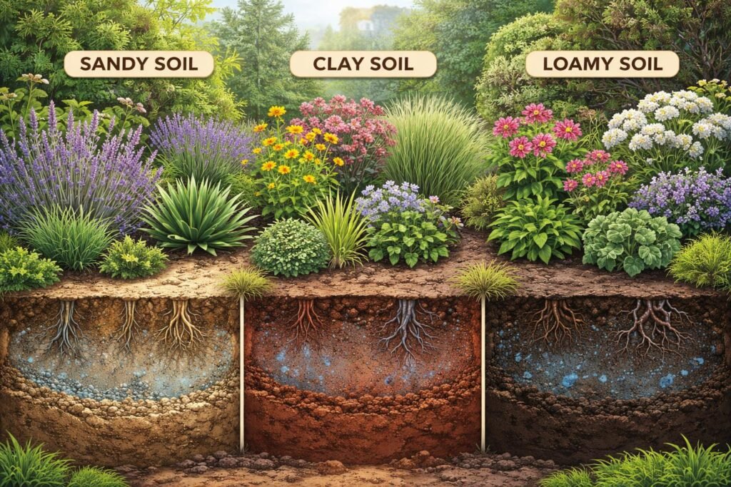 Kültéri kertben alacsony karbantartású növények különböző talajokra alkalmazva mutatják a megoldásokat.
