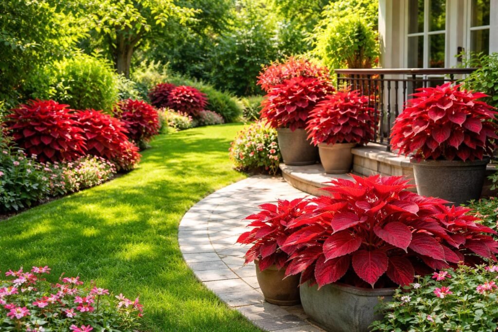 Piros lombú dísznövények a napos kertrészekben, látványos levelek és virágzás