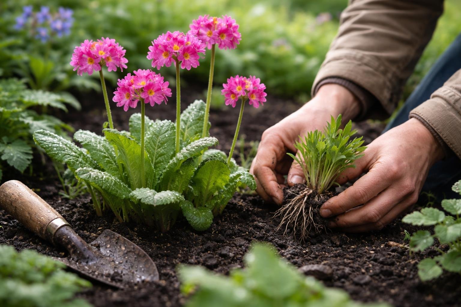 Rózsaszín rózsakankalin virágzik hűvös, nedves talajú, árnyékos kertben tavaszi napon