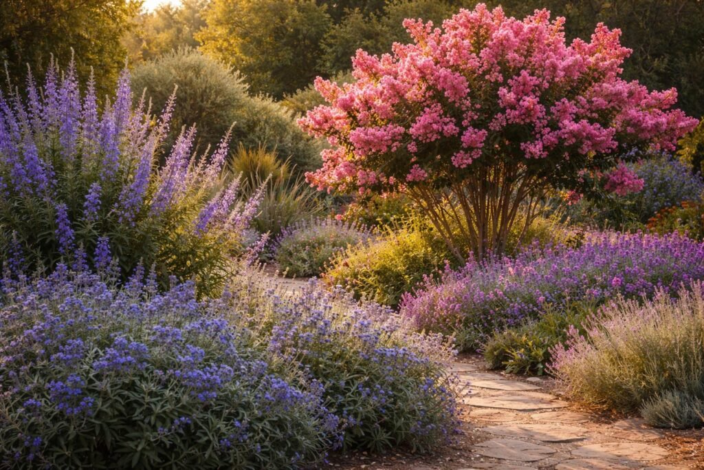 Egzotikus mediterrán oázis selyemmirtusz, barátcserje és kékszakáll virágokkal táncolva nyáron