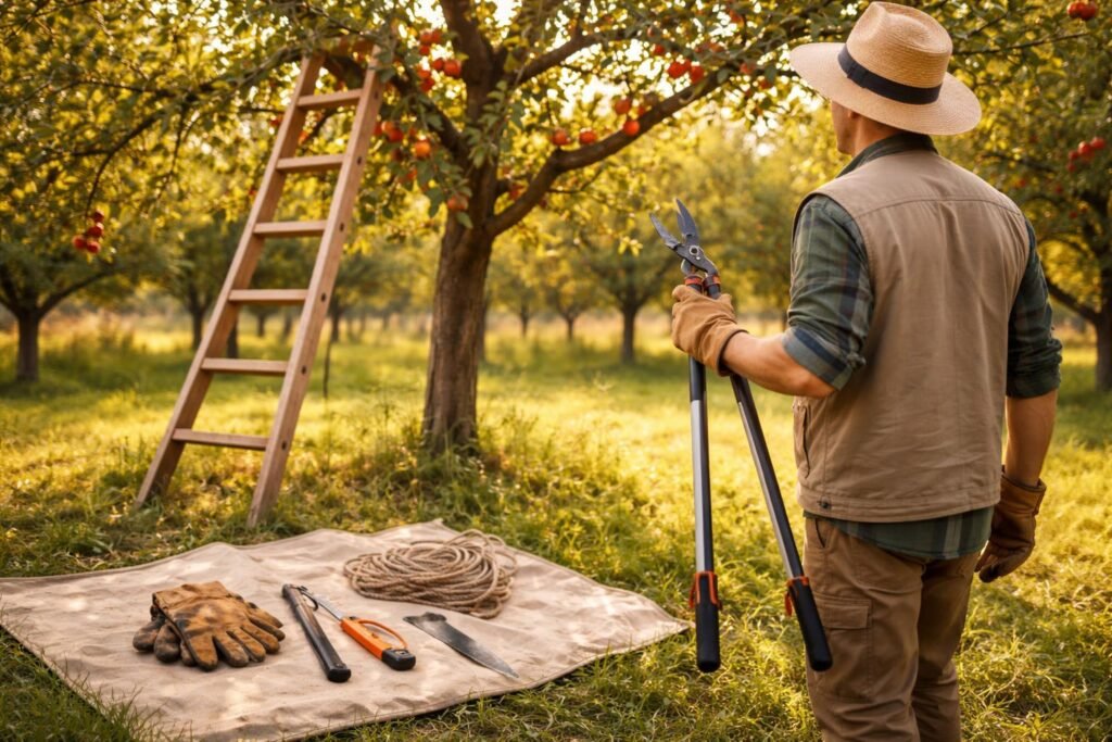 Almatermő almafa metszéséhez készülő kertész eszközökkel és előkészületekkel, röviden bemutatva