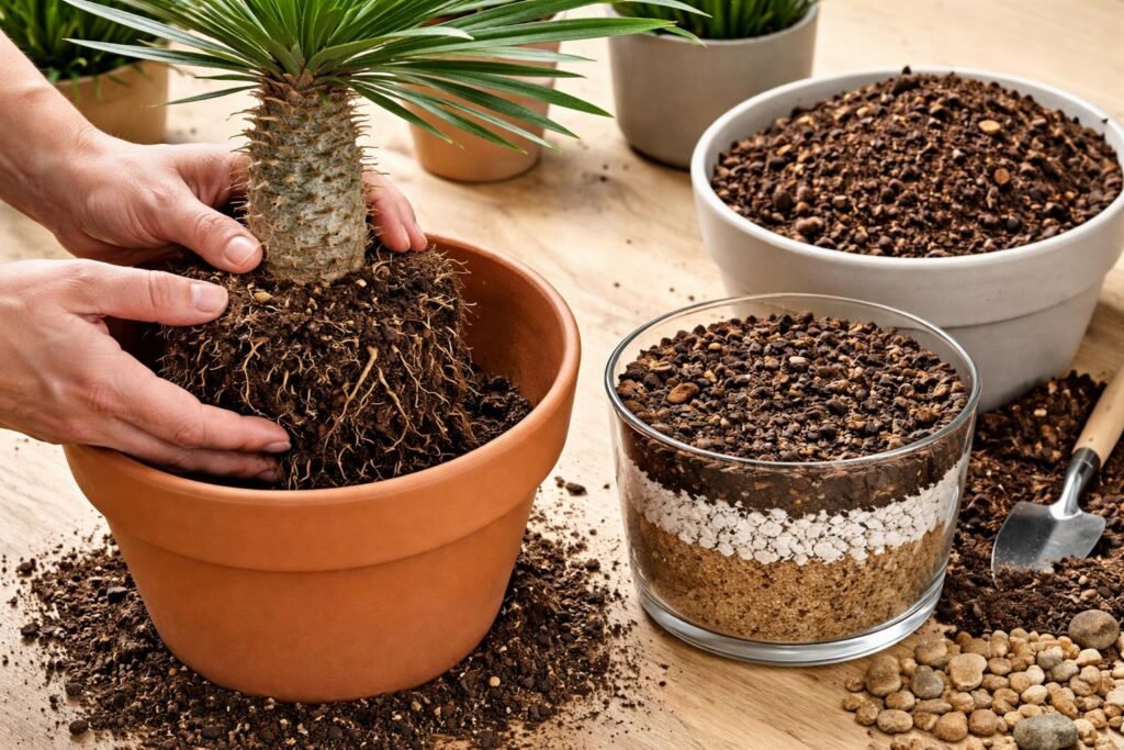 Pachypodium lamerei talajösszetétel, átültetés és megfelelő cserép kiválasztásának bemutató fotó.