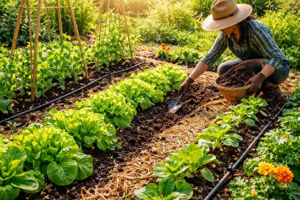 Kertben gyorsan növő zöldségek sorban, zöld levelek és türelmes gondoskodás