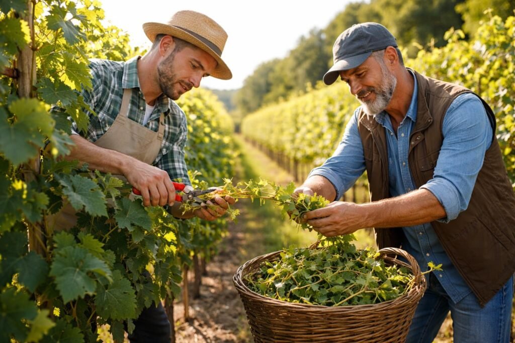Hajtásválogatás és csonkázás a szőlőben, szakember finoman végzi a munkát.