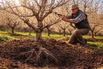 Virágzás előtti időszakban gondozott gyümölcsfa részletesen öntözéssel, trágyázással, metszéssel és megfigyeléssel.