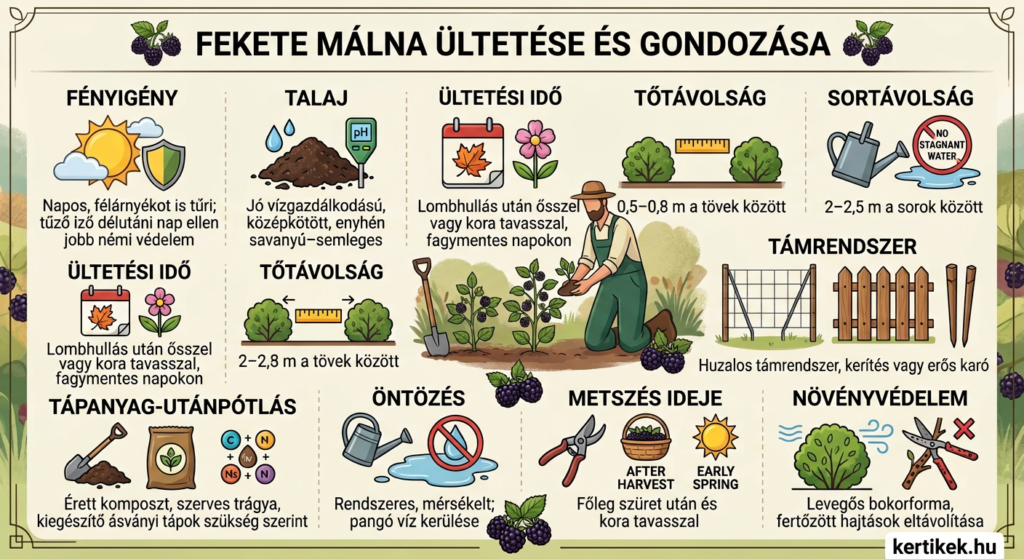 Fekete málna ültetése, gondozása és metszése infografika