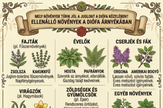 Diófa árnyéka alatt különböző növények megküzdenek juglon hatásával a kertben.