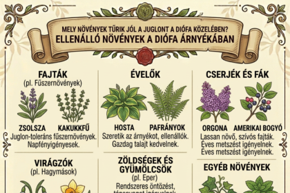 Diófa árnyéka alatt különböző növények megküzdenek juglon hatásával a kertben.