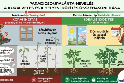 Kiskerti paradicsom-palánták ültetési ládákban világítás mellett, megnyúltak és stresszeltek a túl korai vetés miatt.