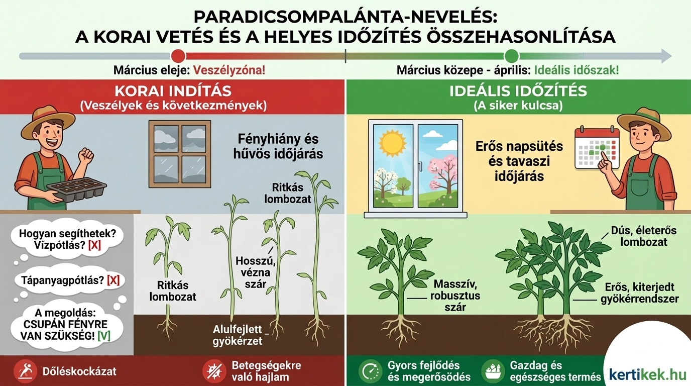 Kiskerti paradicsom-palánták ültetési ládákban világítás mellett, megnyúltak és stresszeltek a túl korai vetés miatt.
