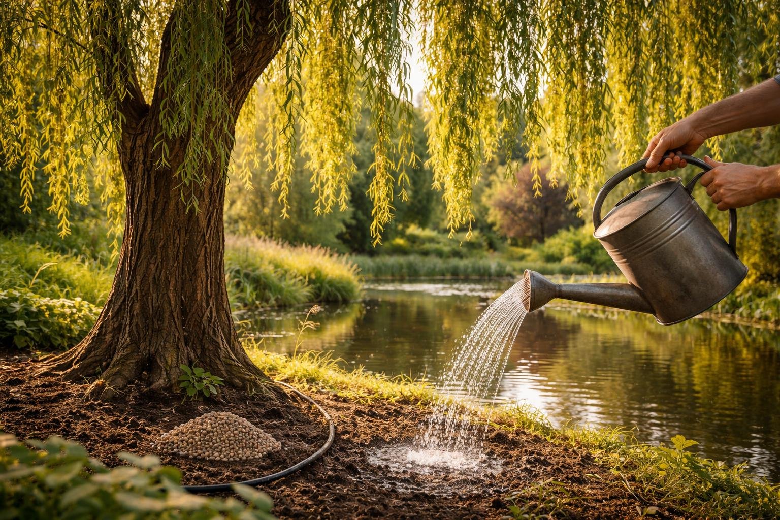 A Babiloni fűz csüngő ágai látványosan nőnek öntözés és trágyázás alatt.