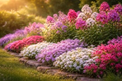 - Flox virágok hosszú virágzásúak, kerti szőnyegként fejlődnek, színes illatot adnak.