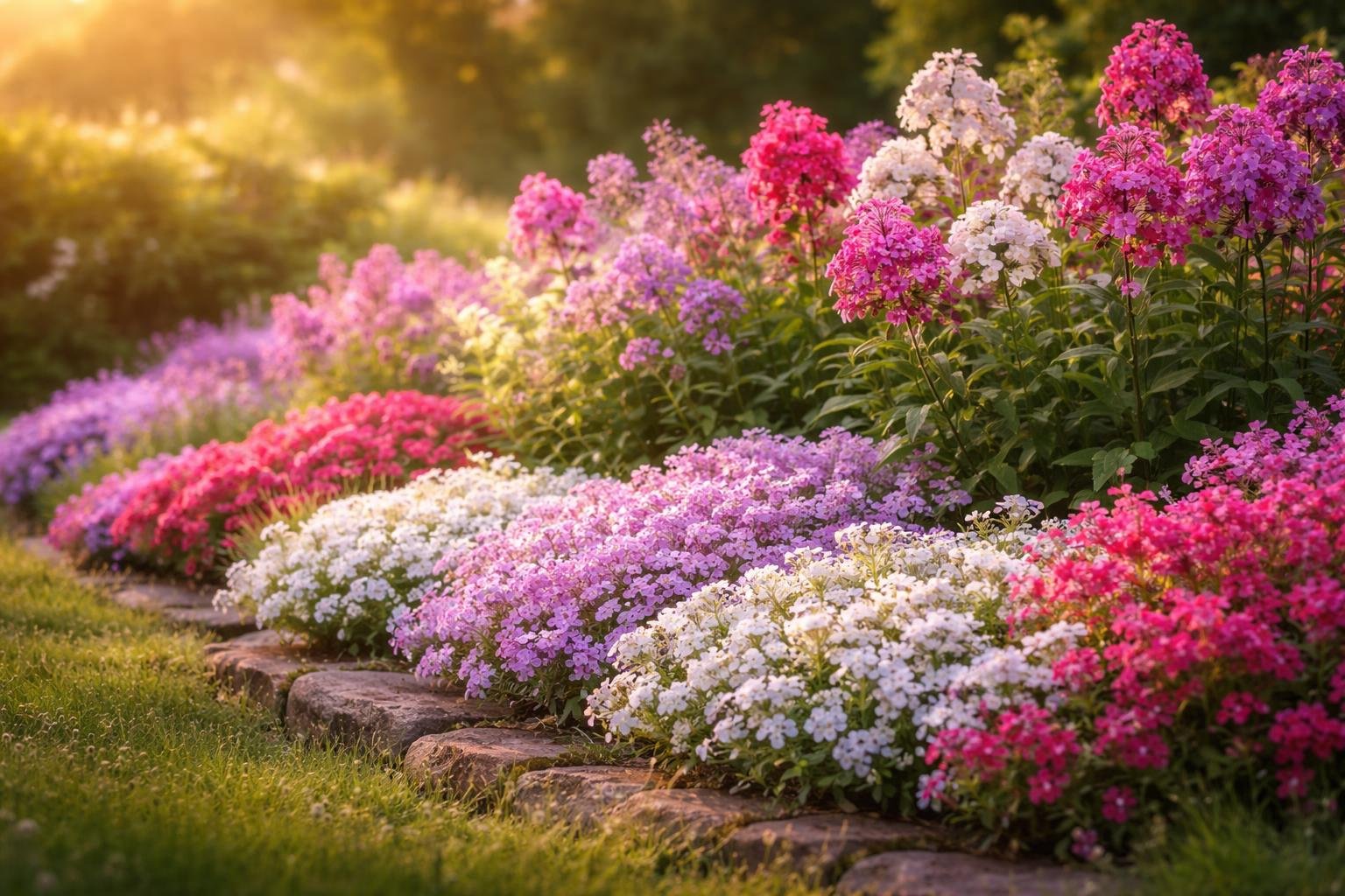 - Flox virágok hosszú virágzásúak, kerti szőnyegként fejlődnek, színes illatot adnak.