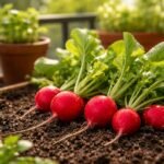 Kiskertben vagy balkonládában növő hónapos retek zöld levelekkel és gumókkal.