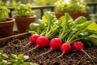 Kiskertben vagy balkonládában növő hónapos retek zöld levelekkel és gumókkal.