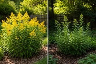 Kanadai aranyvessző a kert napfényes részén, virágzó sárga fürtökkel, méhek közelében