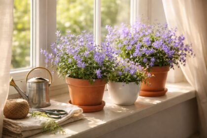 Kányaharangvirágok élénk fényt igénylő, csengő virágokkal díszített belső erkélyen napfényes helyen.