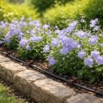 Kányaharangvirágok kék-lila virágai közelről, ideális öntözési tippekkel kezdőknek nyáron sziklakertben is.