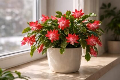 Karácsonyi orchidea világos, szórt fényben virágzásra készülő szobanövény, karácsonyi hangulat.