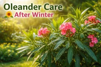 Zöld leander bokor a napsütéses kertben, új hajtásokkal és virágbimbókkal.