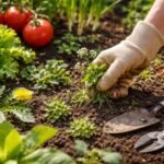 Kerti veteményes ágyban megfigyelhető gyomok és növények összehasonlítása a képen