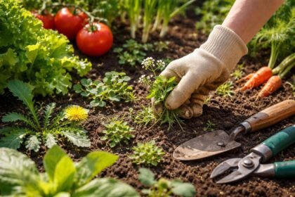 Kerti veteményes ágyban megfigyelhető gyomok és növények összehasonlítása a képen