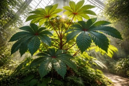 Ricinus növény fotó: hatalmas, fényes levelek a napsütésben, egészséges növekedés