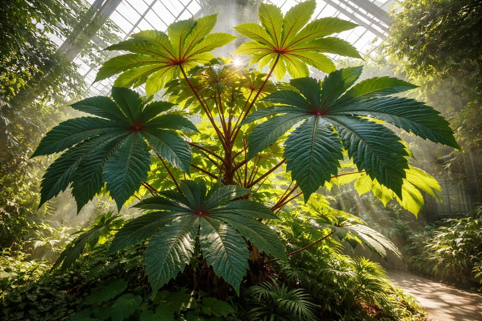 Ricinus növény fotó: hatalmas, fényes levelek a napsütésben, egészséges növekedés