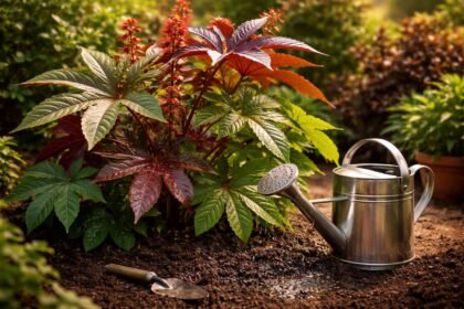 - Ricinus vízigénye fontos tény: egyenletes öntözés nélkül sárgul a lomb.