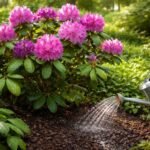 Rododendron öntözés közben, egészséges lombú bokor és nedves, humuszban gazdag talaj.