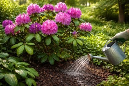 Rododendron öntözés közben, egészséges lombú bokor és nedves, humuszban gazdag talaj.