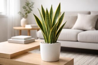 Sansevieria Laurentii beltéri növény kard alakú levelekkel, sárga szegéllyel, modern enteriőrben