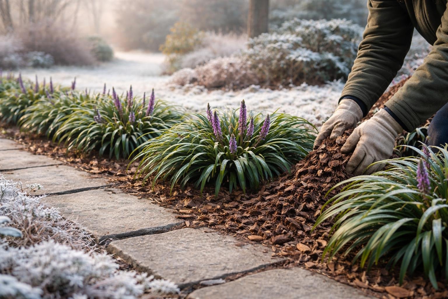 Téliesítés alatt álló tajvani pupliliom közeli felvétele, zöld levelek és nedves talaj.