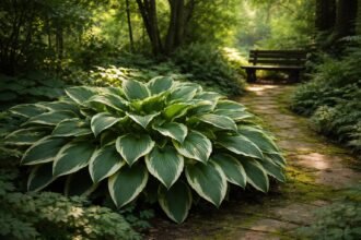 Tojásdadlevelű árnyliliom árnyékos kertrészben fényviszonyokkal, levélformával és színárnyalatokkal bemutatva, különböző fényerőkkel.