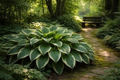 Tojásdadlevelű árnyliliom árnyékos kertrészben fényviszonyokkal, levélformával és színárnyalatokkal bemutatva, különböző fényerőkkel.