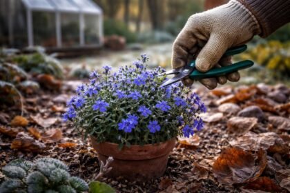 Törpe lobélia (Lobelia erinus) egy áttelelésre készülő kertben, őszi gondoskodás.
