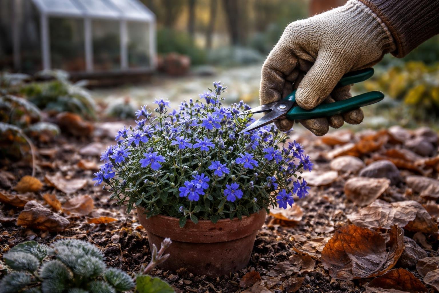 Törpe lobélia (Lobelia erinus) egy áttelelésre készülő kertben, őszi gondoskodás.