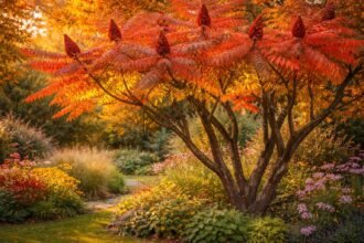 - Torzsás ecetfa: ősszel piros lomb, rendkívül könnyű gondozású, sokszínű kertben.