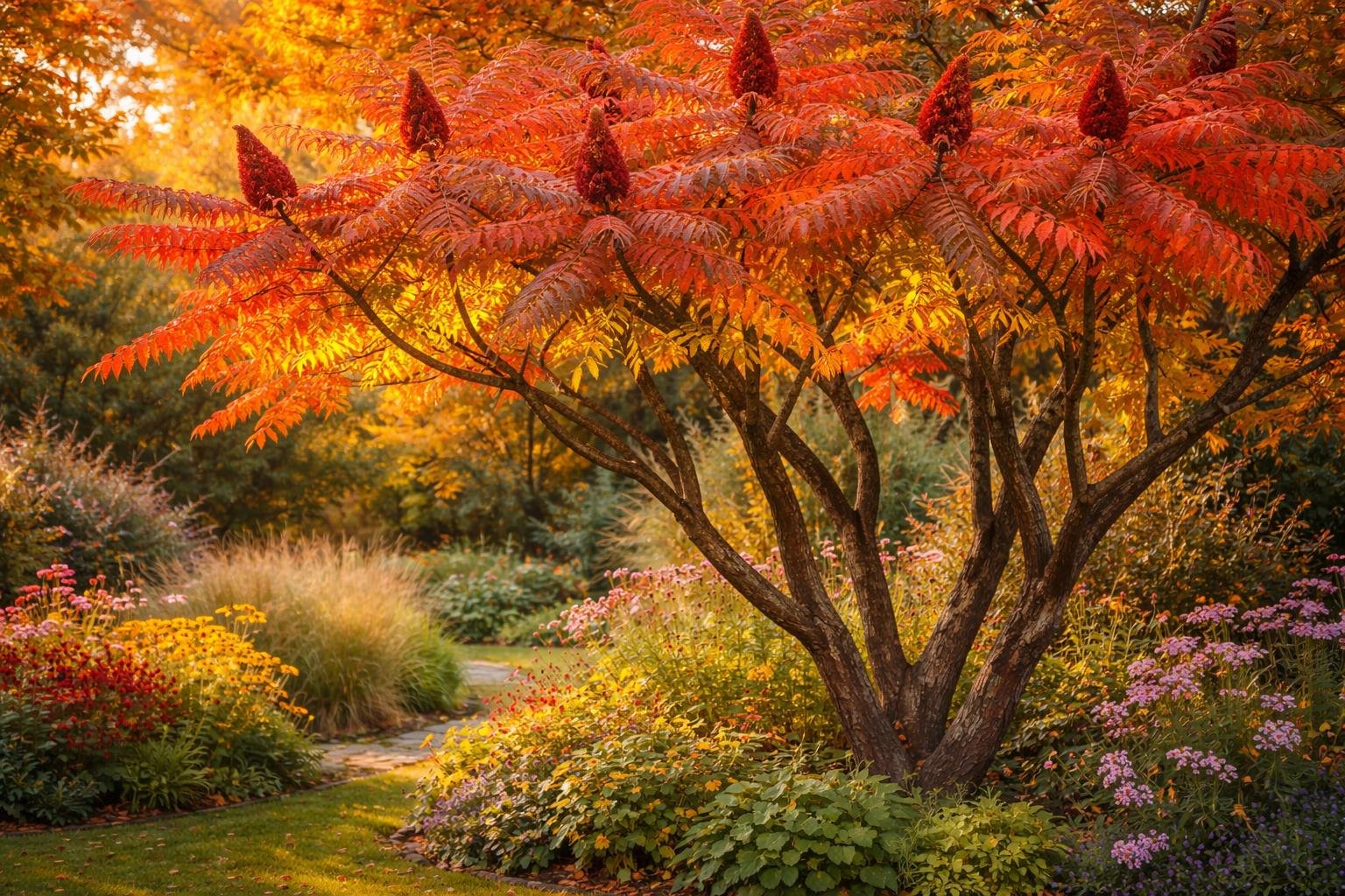 - Torzsás ecetfa: ősszel piros lomb, rendkívül könnyű gondozású, sokszínű kertben.