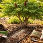 Torzsás ecetfa (Rhus typhina) lombjai és virágai tápelemekkel gondozott kertben.