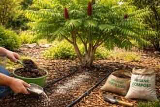 Torzsás ecetfa (Rhus typhina) lombjai és virágai tápelemekkel gondozott kertben.