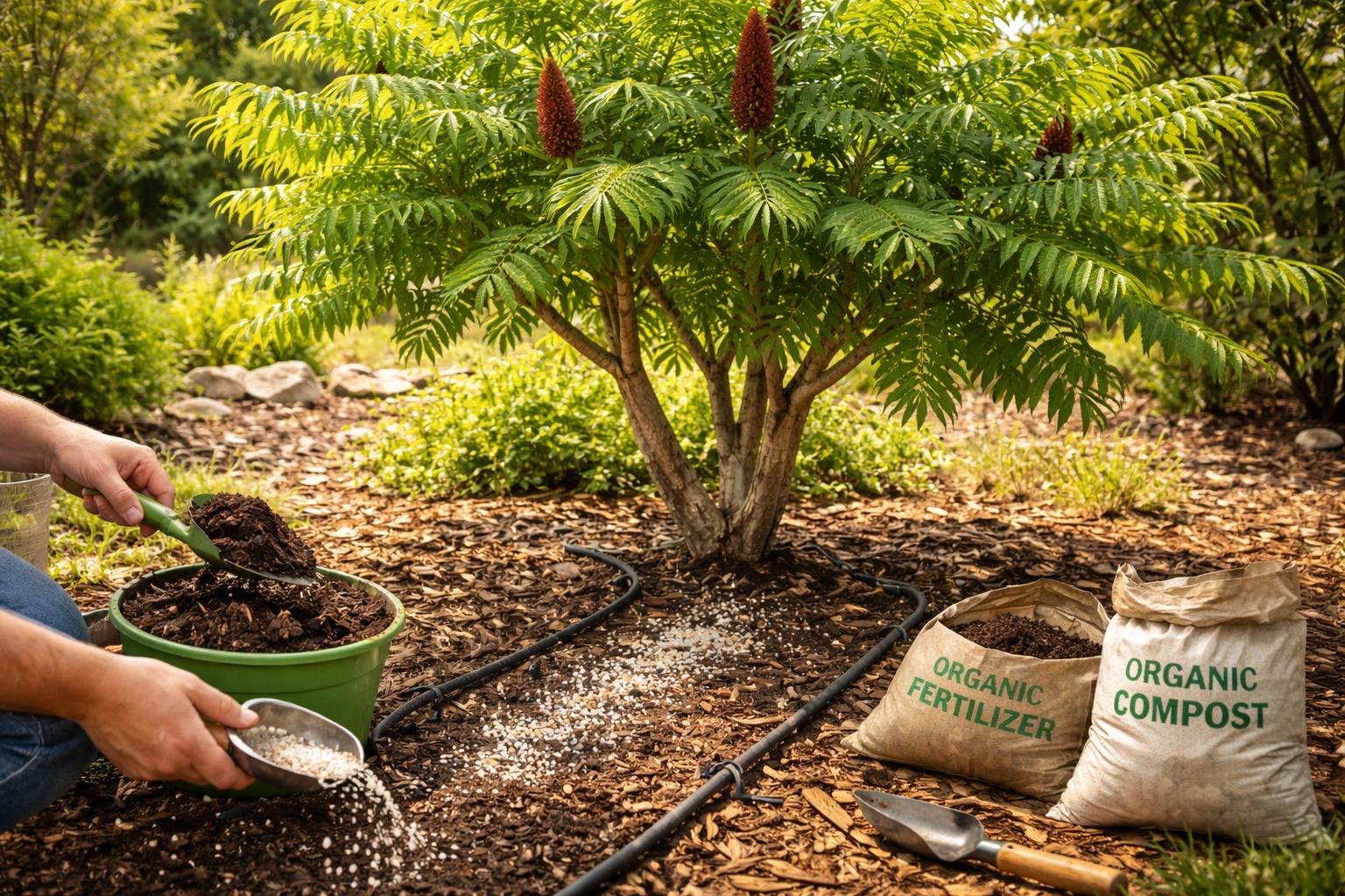 Torzsás ecetfa (Rhus typhina) lombjai és virágai tápelemekkel gondozott kertben.