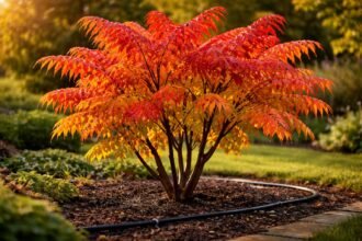 Torzsás ecetfa lombja szeptemberben élénk őszi színekben, öntözés közvetlen fényben.