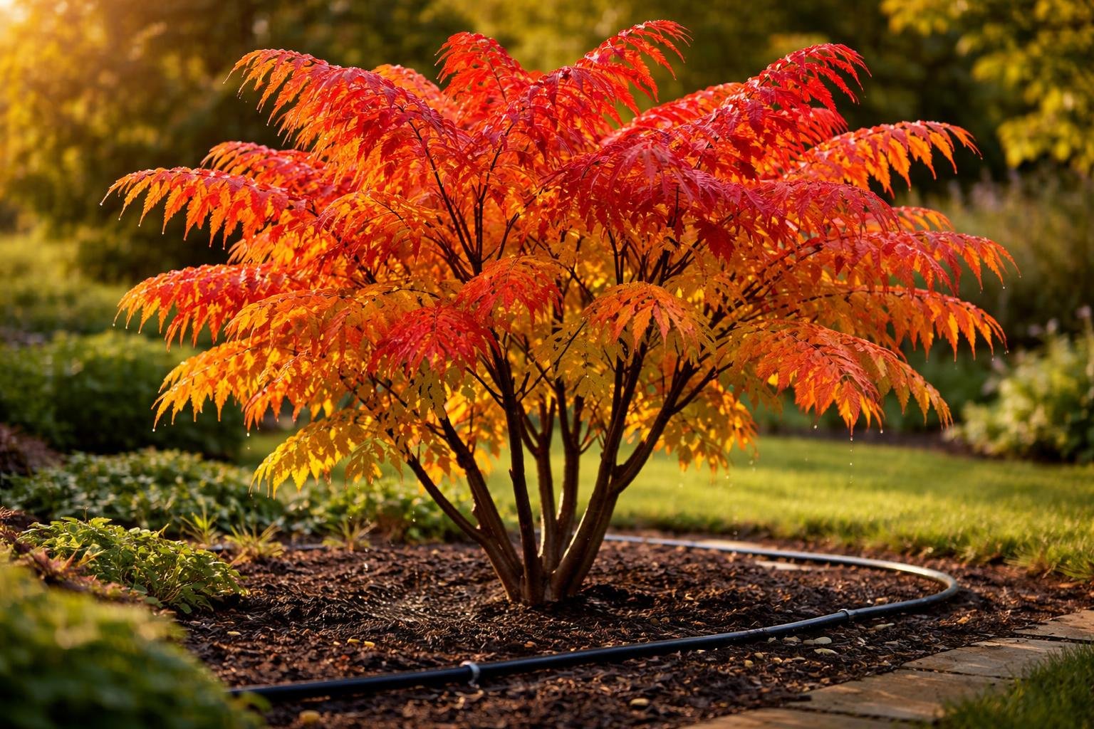Torzsás ecetfa lombja szeptemberben élénk őszi színekben, öntözés közvetlen fényben.