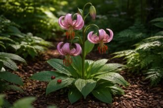 Turbánliliom virágzó növény részletei, leveleken betegségek és kártevők jelei, megelőzés témájára.