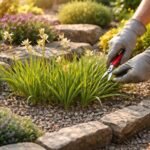 Kora tavaszi kertben metszőollóval dolgozó kertész, türkesztáni tulipán metszése közben.